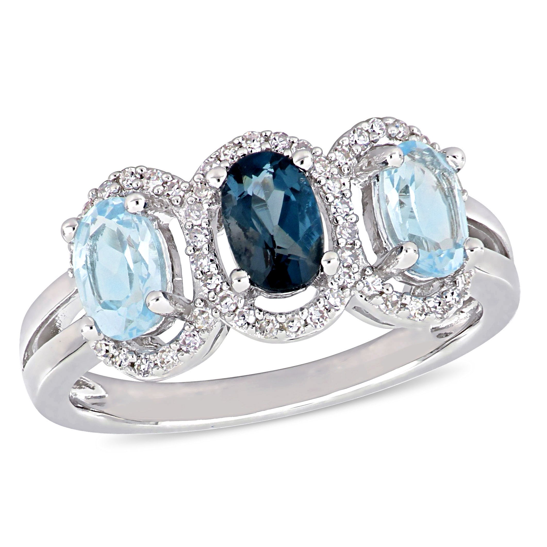  Studio Works 1 3/5 CT TGW London & Sky Blue Topaz and 1/5 CT TW Diamond Sterling Silver 3-Stone Halo Ring - Blue - Bonton