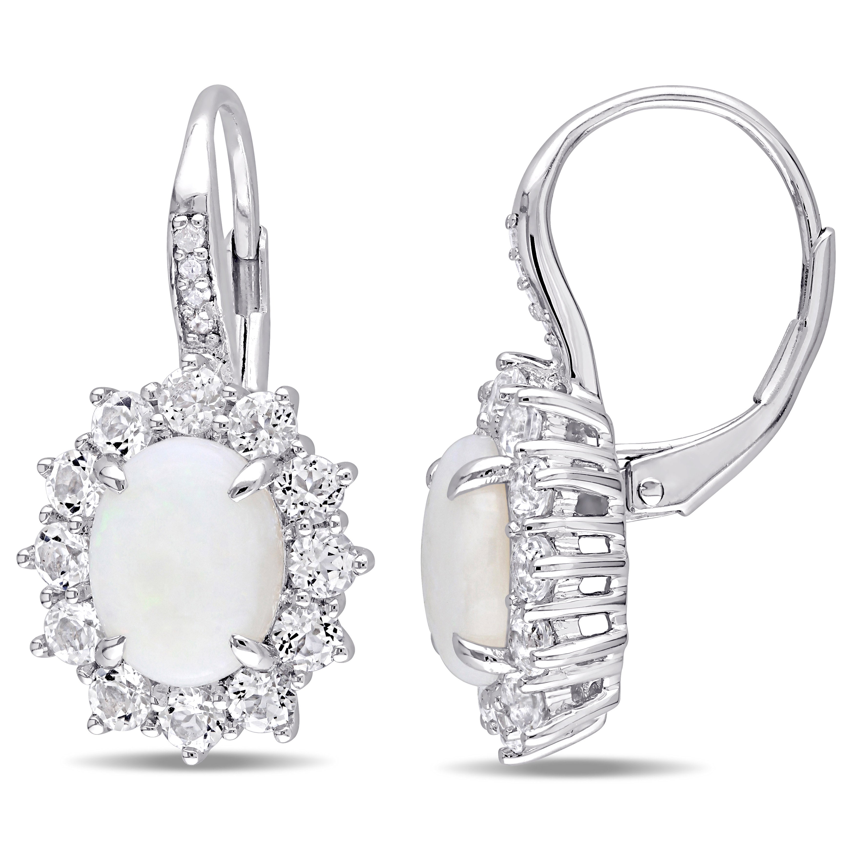  Studio Works 3 7/8 CT TGW Opal White Topaz and Diamond Sterling Silver Halo Lever-back Earrings - White - Bonton