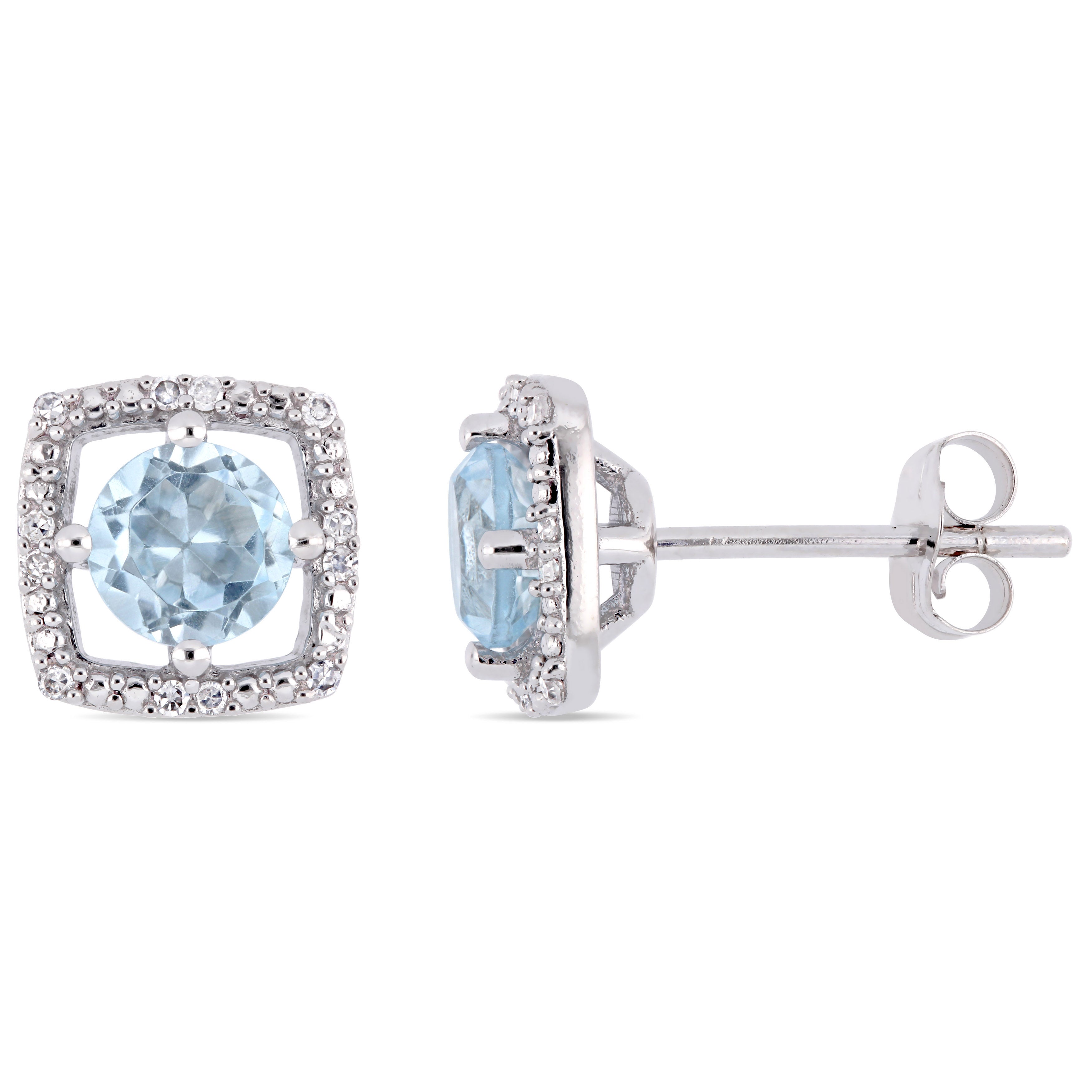  Studio Works 1 CT TGW Sky Blue Topaz and Diamond in 10K White Gold Halo Square Stud Earrings - Blue - Bonton