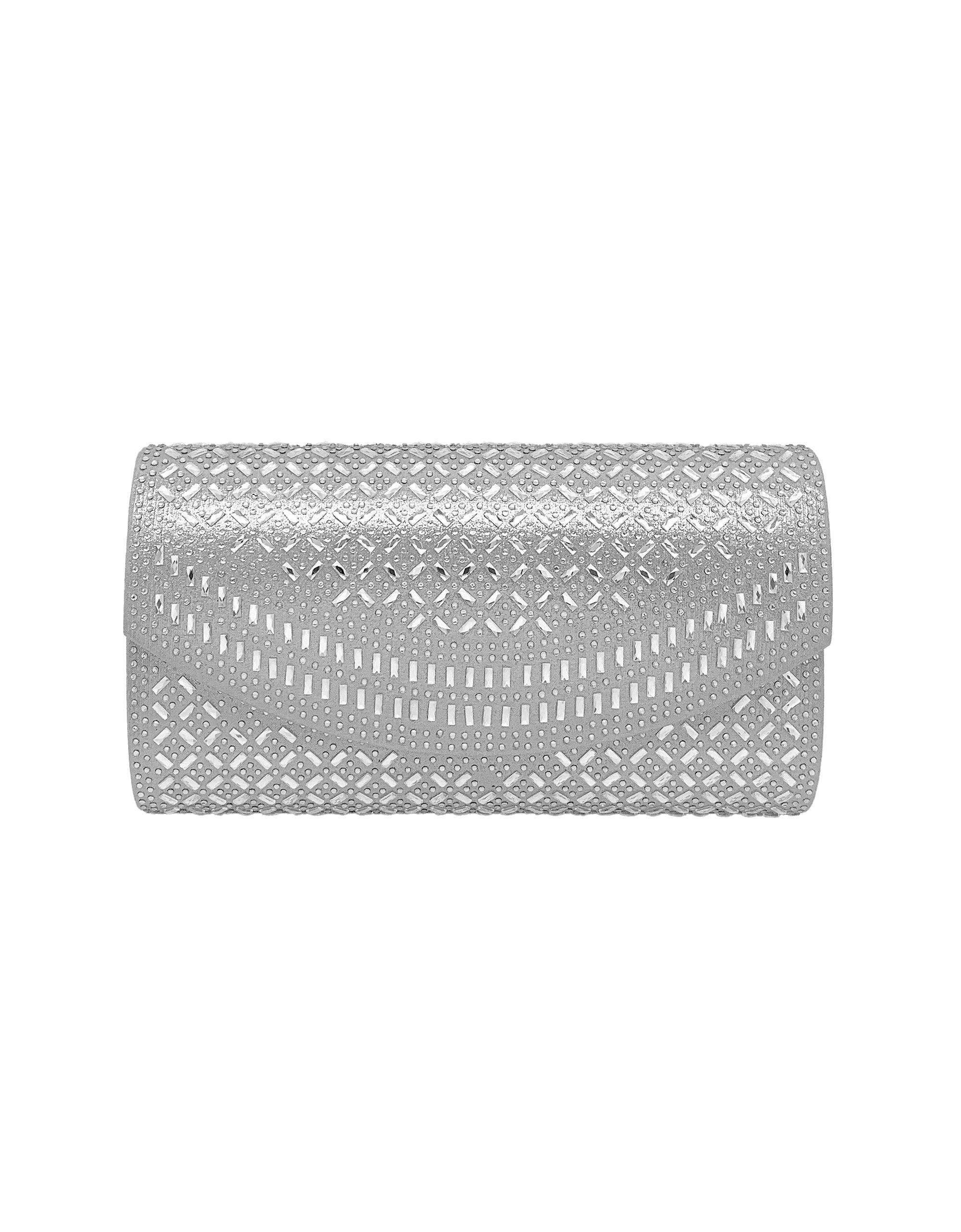  La Regale Edwardian Metallic Crystal Flap Clutch - Silver - Bonton