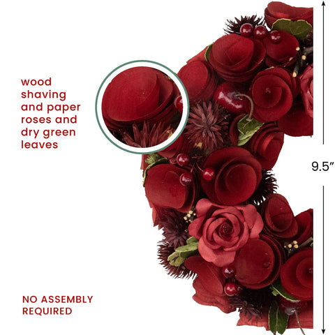Red Wooden Roses and Berries Artificial Wreath - 9.5" - Unlit - Red and Green