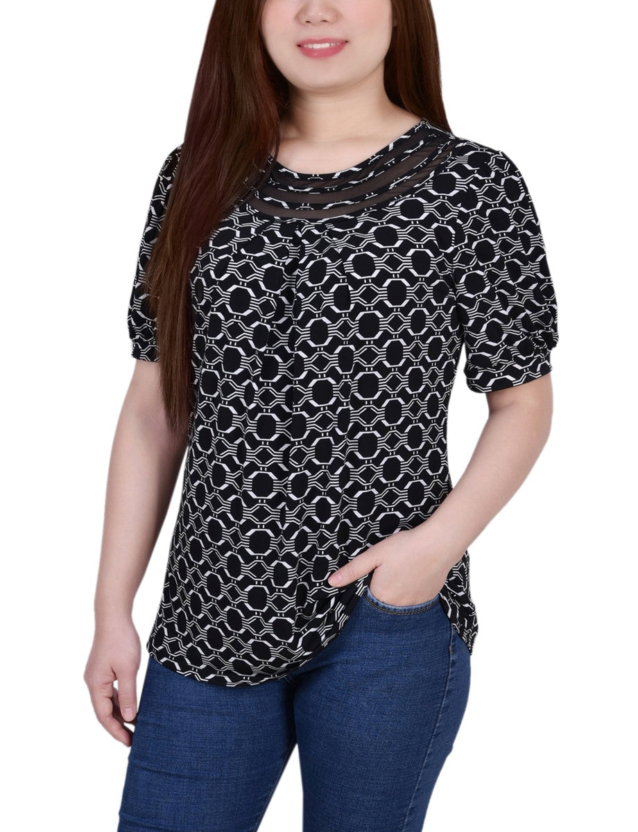 NY Collection Petite Short Puff Sleeve Sheer Inset Top - Black - Bonton