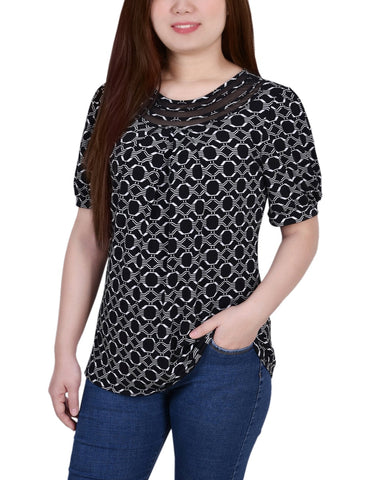 Petite Short Puff Sleeve Sheer Inset Top