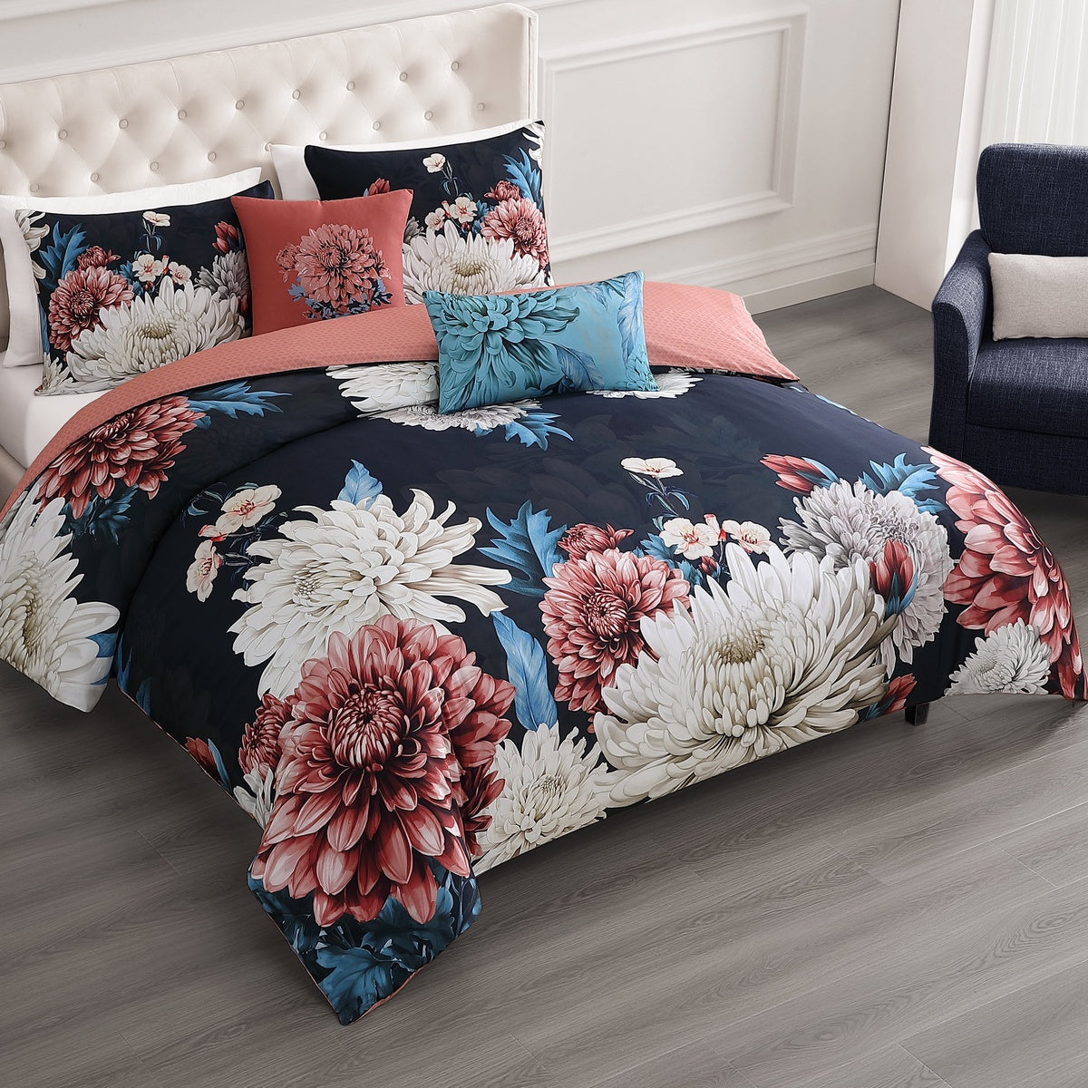  Bebejan Bebejan Navy Mums 5 Piece Reversible Comforter Set - QUEEN - Bonton