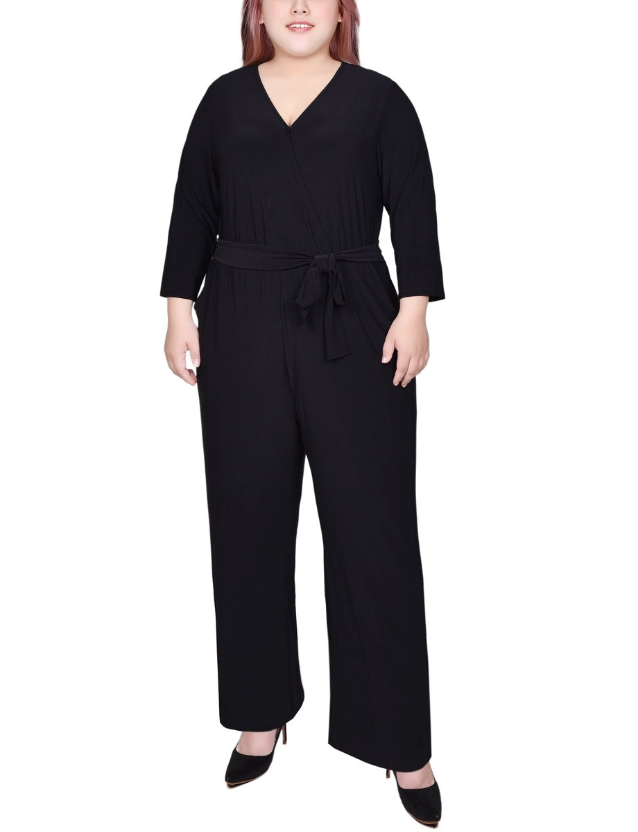  NY Collection Plus Size 3/4 Sleeve Belted Jumpsuit - Black Gold Chain Link - Bonton