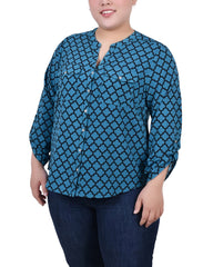 Plus Size 3/4 Roll Tab Sleeve Y-Neck Blouse