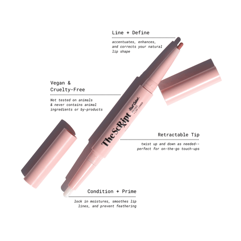 Pink Script Primer + Lip Liner with black text, featuring a retractable design for precise application and a primer to enhance longevity and hydration.