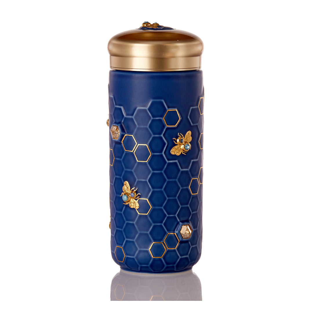  Acera Honey Bee Travel Mug With Crystals - Matte Blue and Hand Painted Gold Bees with Crystals - Bonton