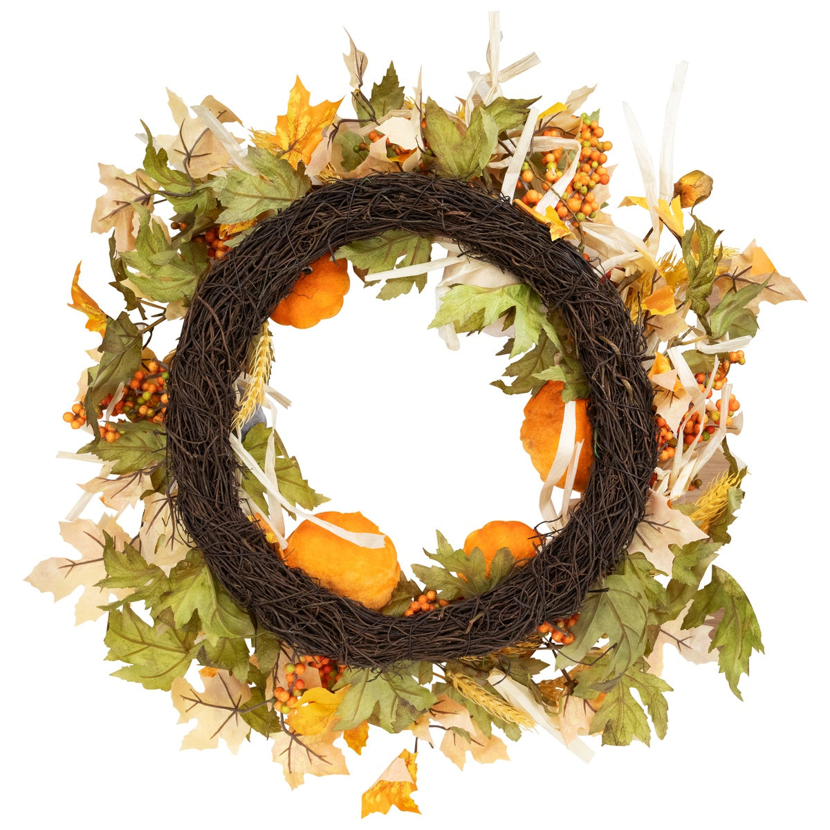 Northlight Velvet Pumpkins and Wheat Artificial Fall Harvest Wreath - 24-Inch  Unlit - Default Title - Bonton