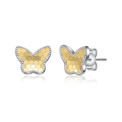 Two-Tone Milgrain Medallion Butterfly Stud Earrings, White Gold Plated or 14K Gold Plated