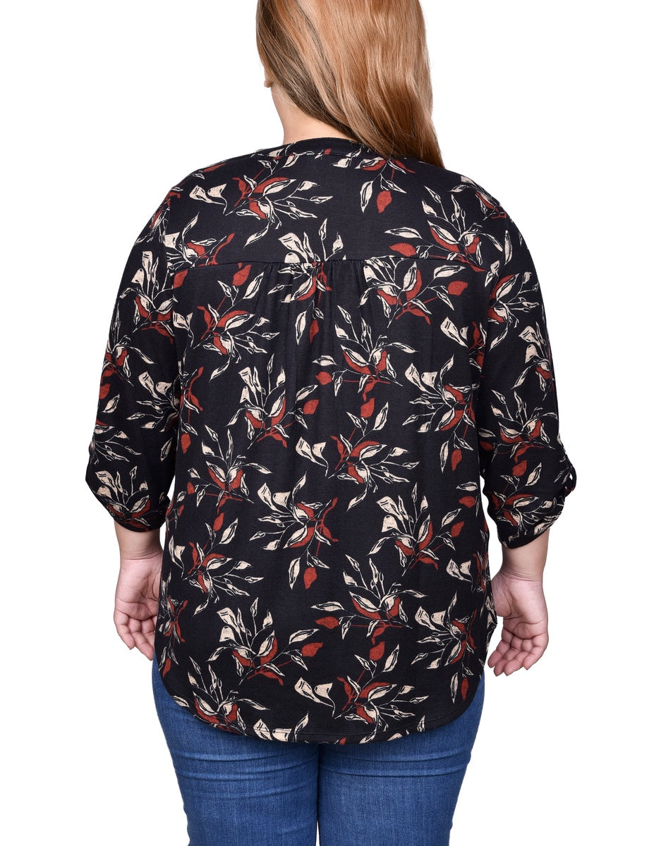  NY Collection Plus Size 3/4 Roll Sleeve Top - Black Grey Animal - Bonton