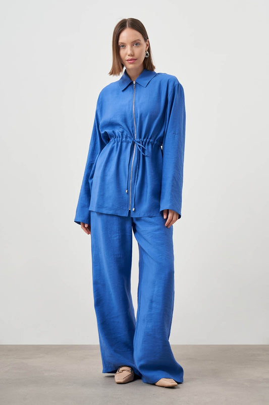 Mizalle-Cinched Waist Shirt Jacket-Blue