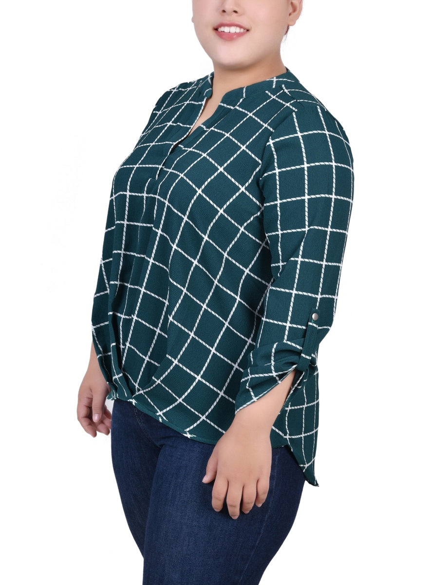  NY Collection Plus Size 3/4 Sleeve Mandarin Collar Blouse With Front Pleats - Botanical Green Box Print - Bonton