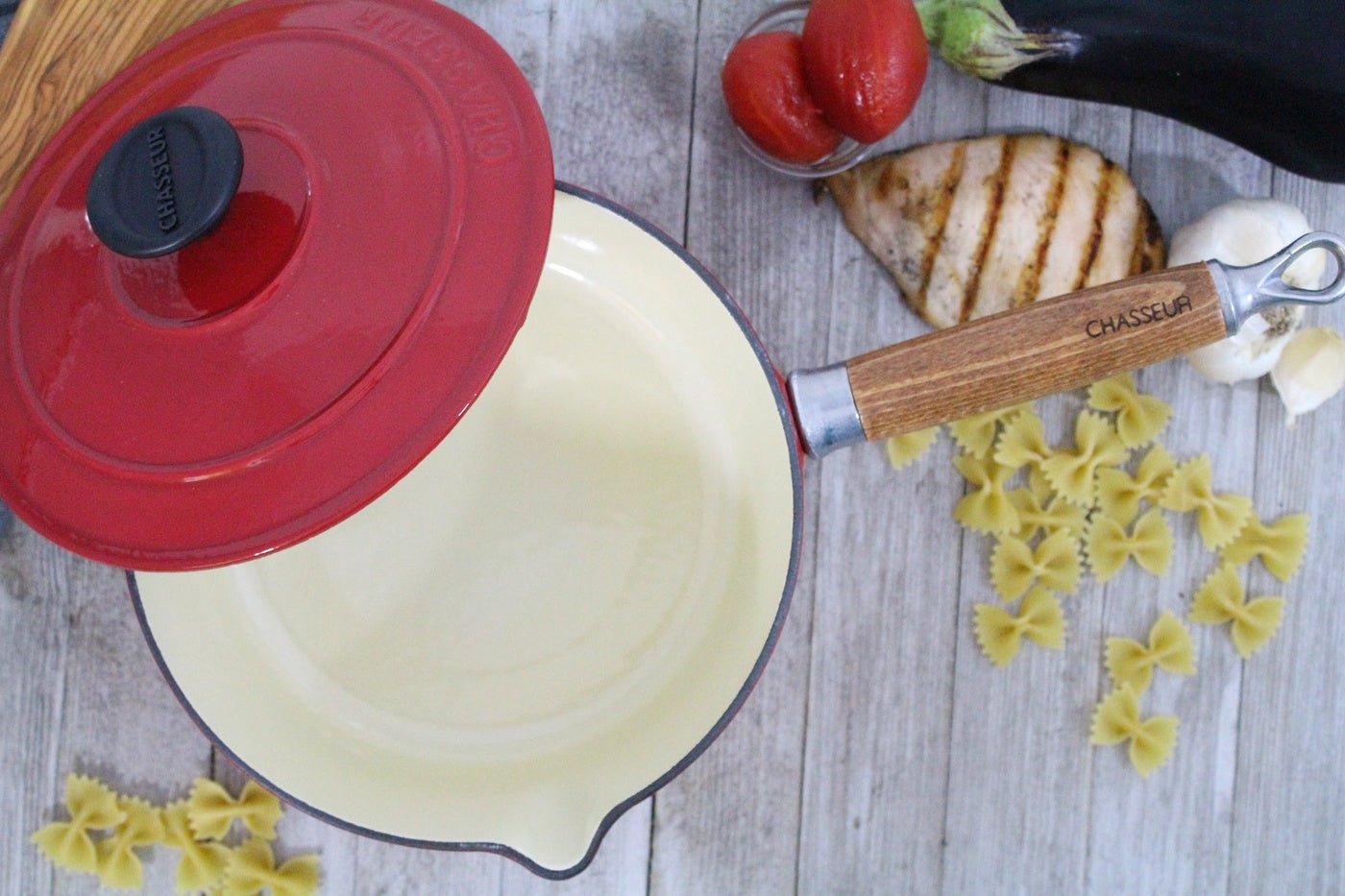  Chasseur Red French Enameled Cast Iron Saucepan With Lid and Wooden Handle (CI_3483), 2.5-Quart - Red - Bonton