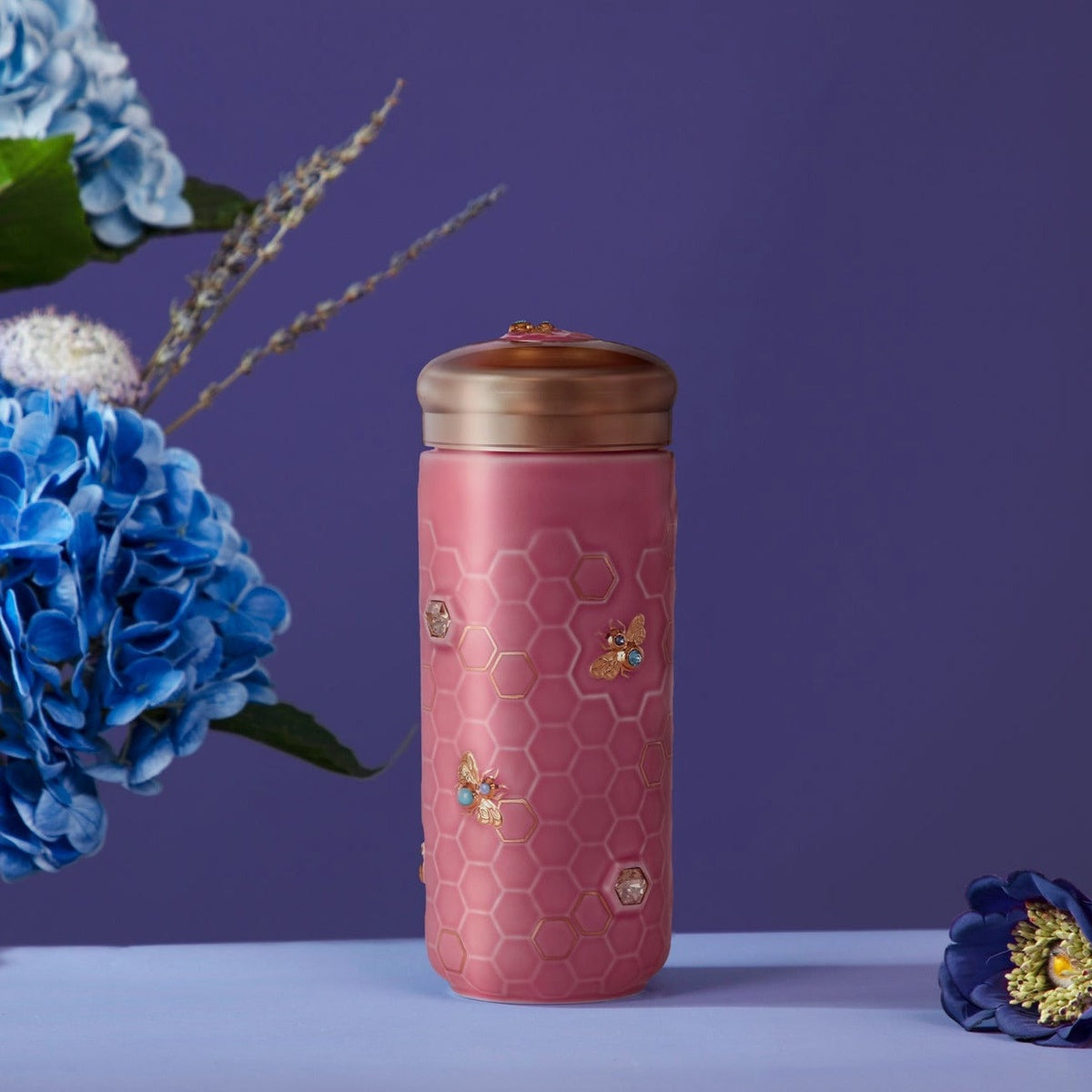  Acera Honey Bee Travel Mug With Crystals - Matte Blue and Hand Painted Gold Bees with Crystals - Bonton