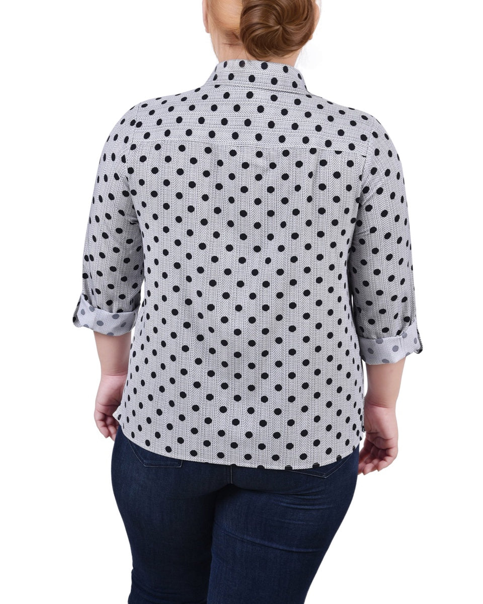  NY Collection Plus Size 3/4 Sleeve Roll Tab Notch Collar Blouse - Black And Doeskin Floral Iconi - Bonton