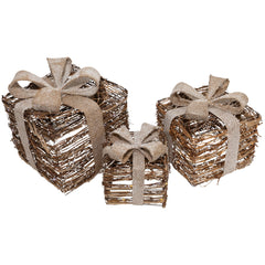 Lighted Rattan Gift Boxes With Burlap Bows Christmas Decorations - 9" - Set of 3