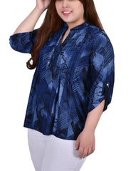 Plus Size 3/4 Roll Tab Sleeve Y Neck Top