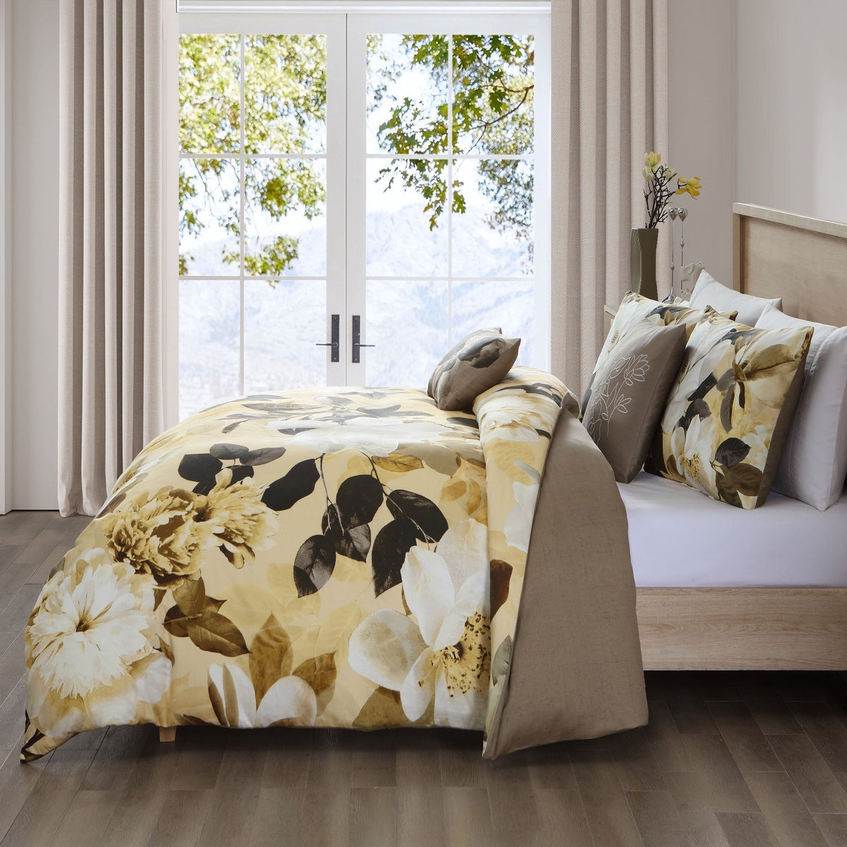  Bebejan Yellow Magnolia 100% Cotton 5 Piece Reversible Comforter Set - QUEEN - Bonton