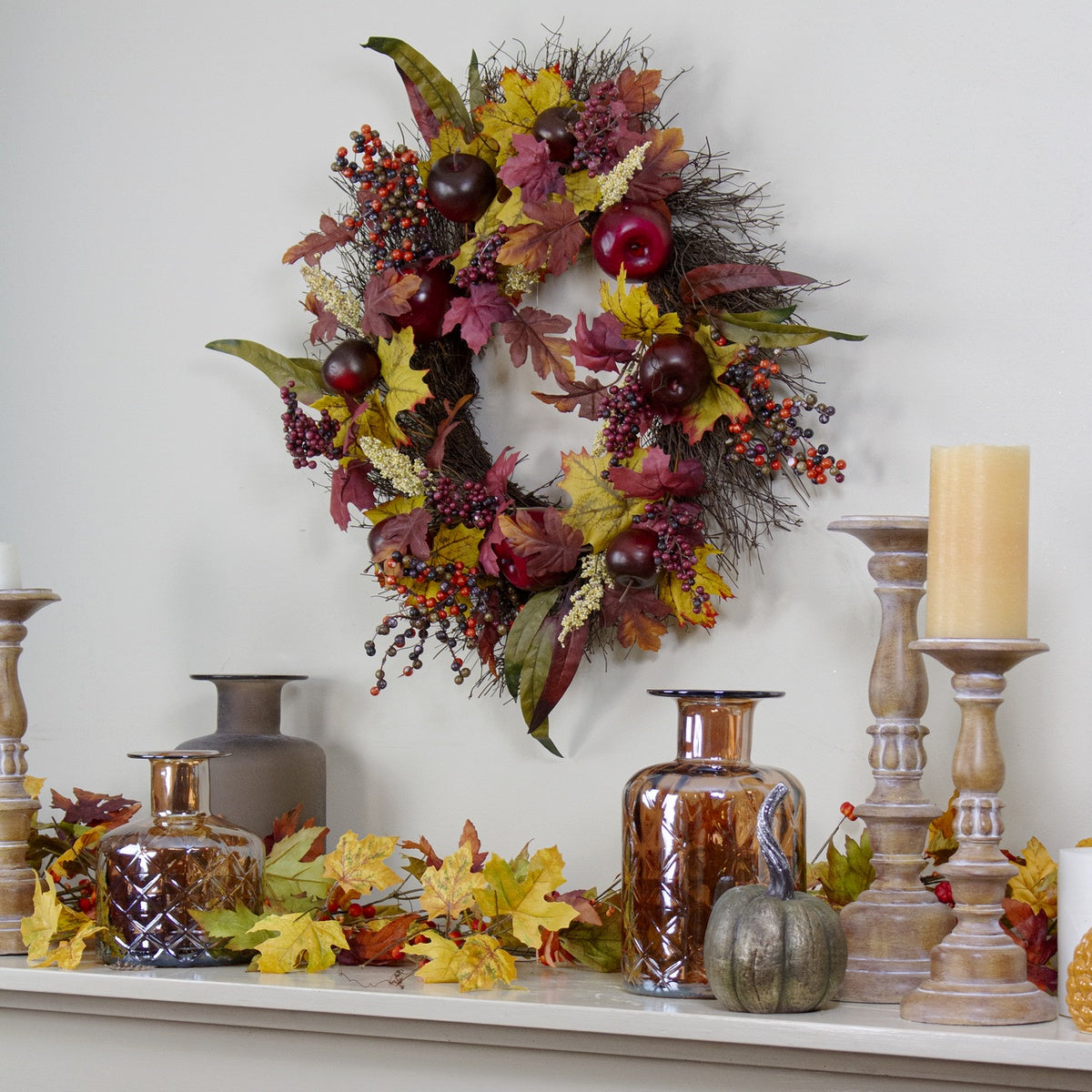  Northlight Apple and Berry Maple Leaf Twig Artificial Wreath  22-Inch - Default Title - Bonton