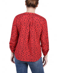 Petite 3/4 Sleeve Roll Tab Y Neck Blouse