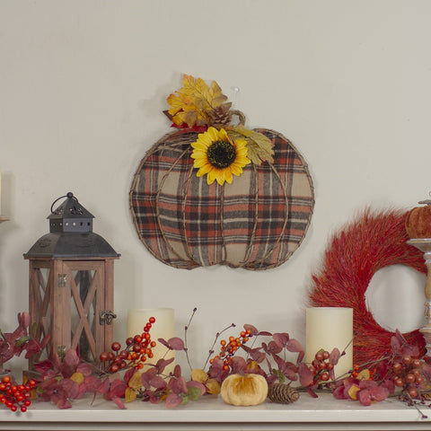 14" Orange and Brown Plaid Fall Harvest Pumpkin Wall Decor
