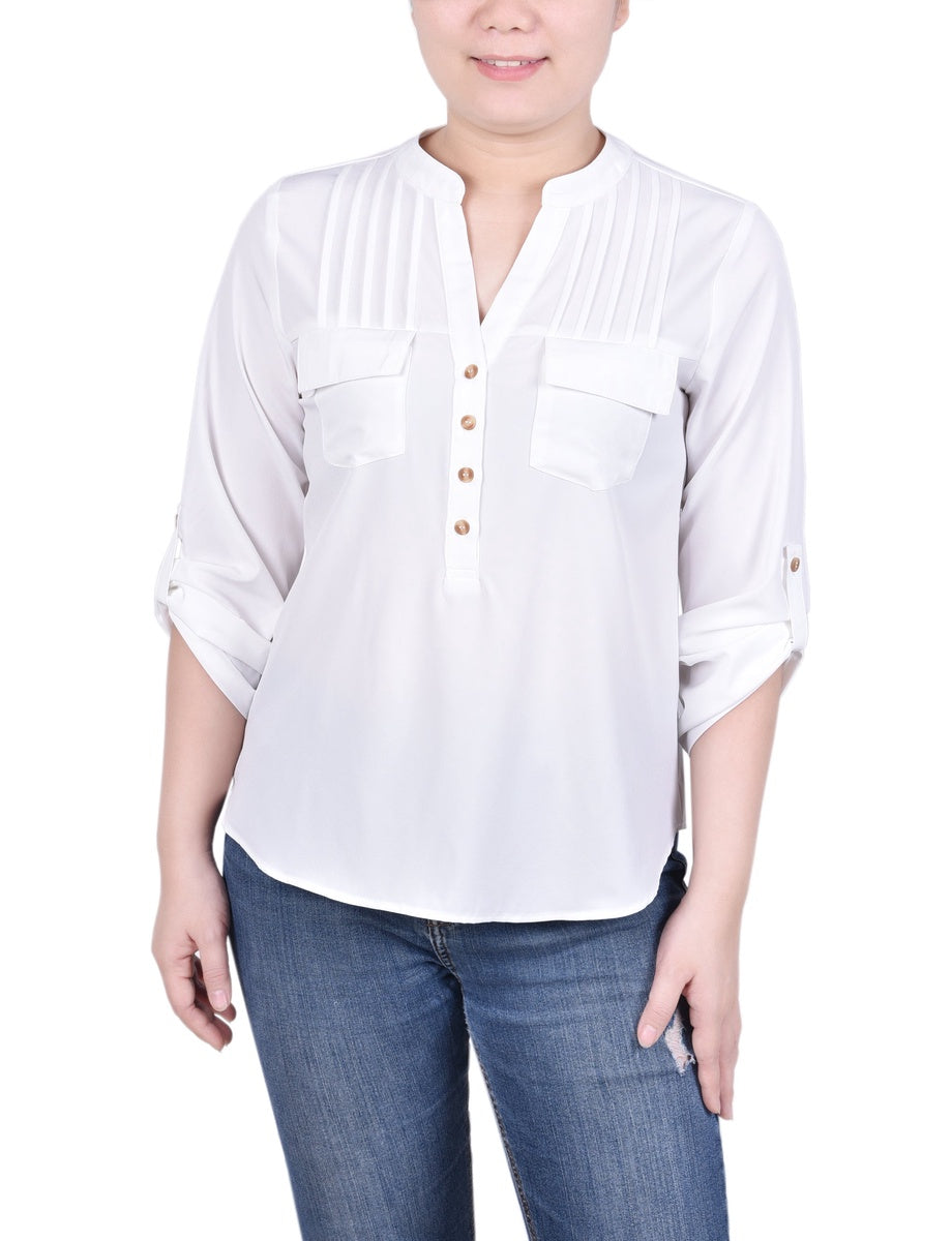  NY Collection Long Tab-Sleeve Blouse With Pockets - Golden Glow - Bonton