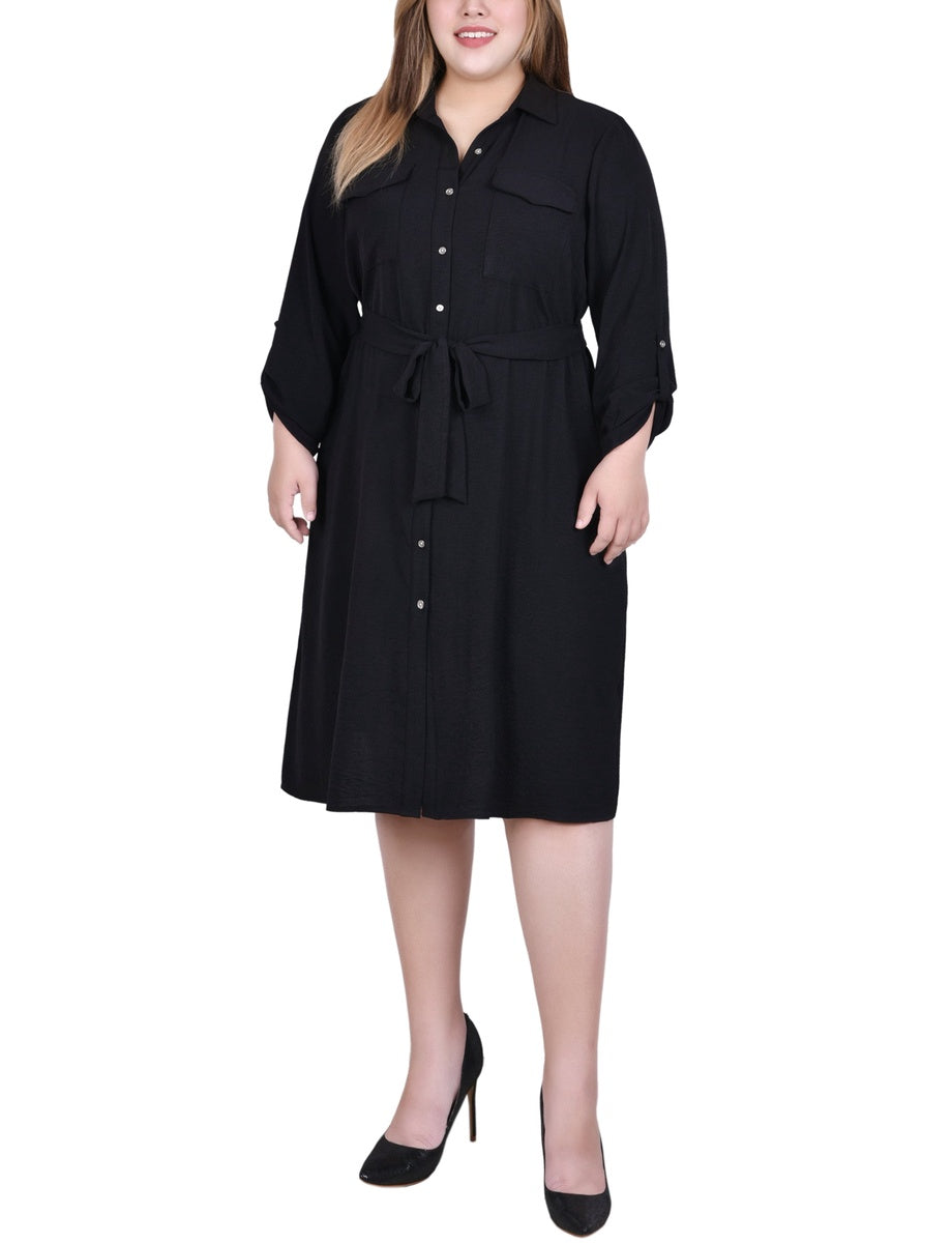  NY Collection Plus Size Long Roll Tab Sleeve Shirtdress - Burnt Olive - Bonton