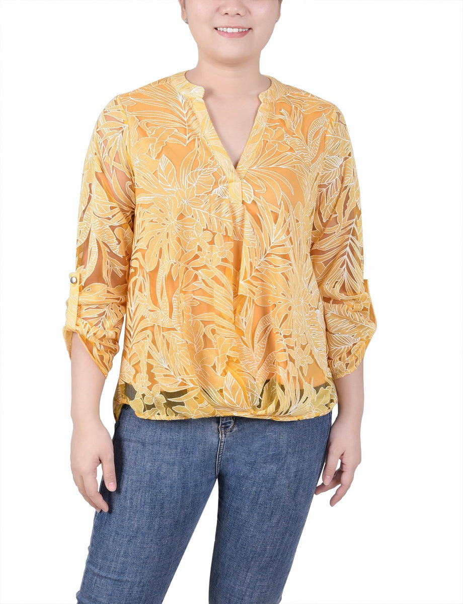  NY Collection Long Sleeve Burnout Y Neck Blouse - Black Palm Leaves - Bonton