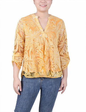 Long Sleeve Burnout Y Neck Blouse