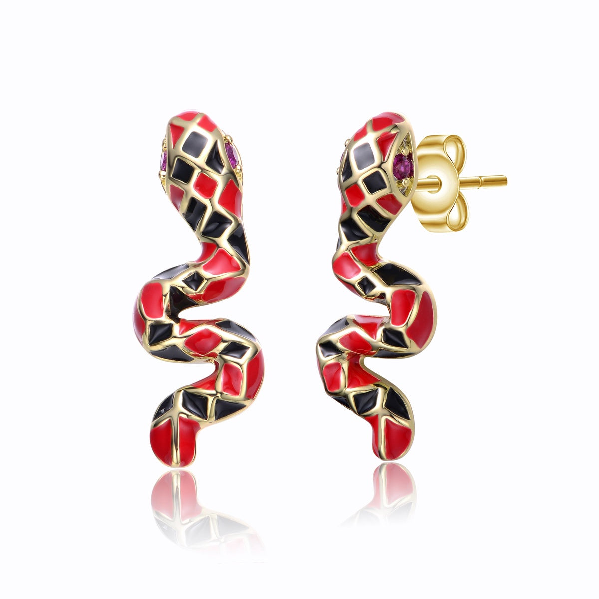  Rachel Glauber RG 14k Yellow Gold Plated With Ruby Cubic Zirconia Black & Red Enamel 3D Slithering Curling Snake Earrings - Default Title - Bonton