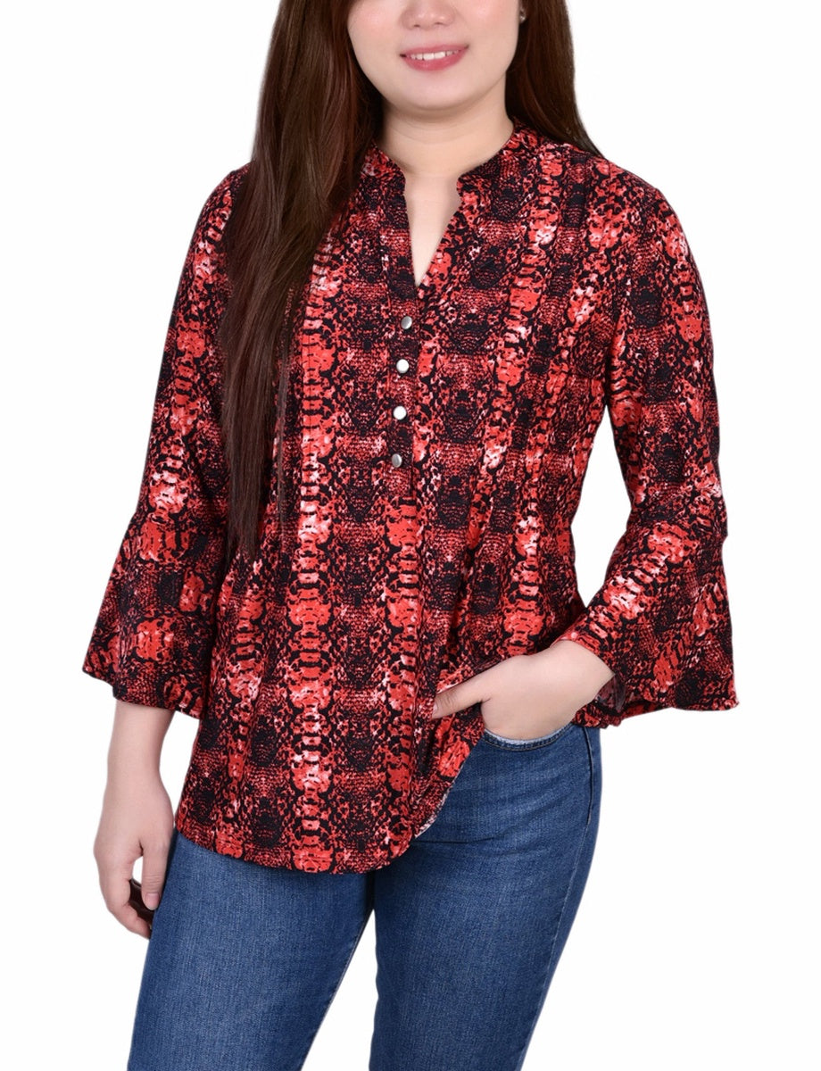  NY Collection Petite 3/4 Bell Sleeve Pleat Front Y Neck Top - Berry Plaid - Bonton