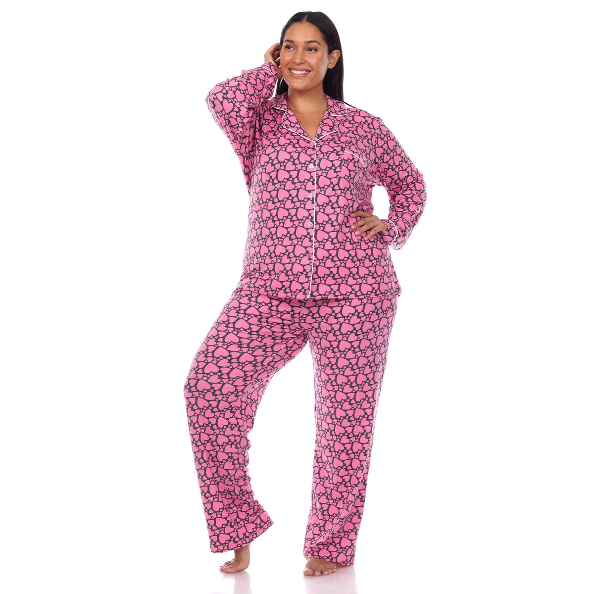  White Mark Plus Size Long Sleeve Heart Print Pajama Set - 1X - Bonton