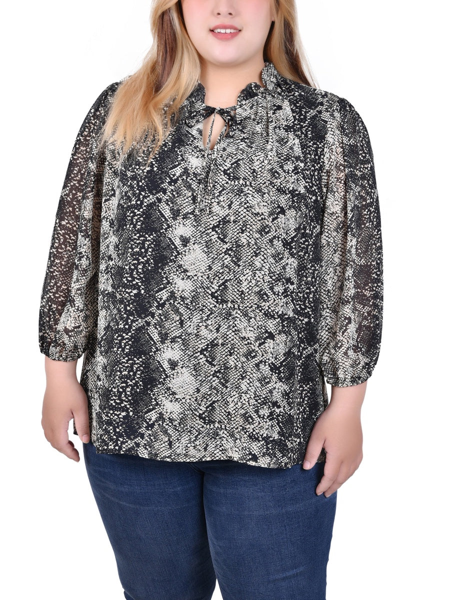  NY Collection Plus Size 3/4 Sleeve Chiffon Blouse - Black Lace Floral - Bonton