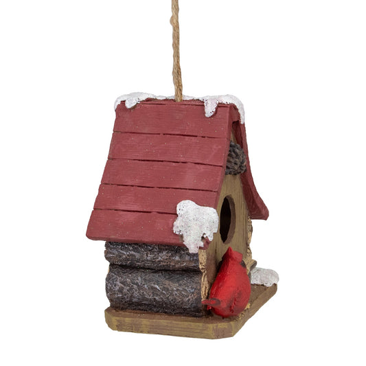 7" Brown and Red Birdhouse With Cardinals Hanging Christmas Decoration