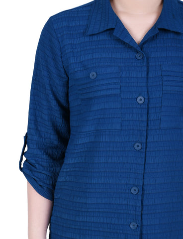 Petite 3/4 Sleeve Woven Jacquard Blouse