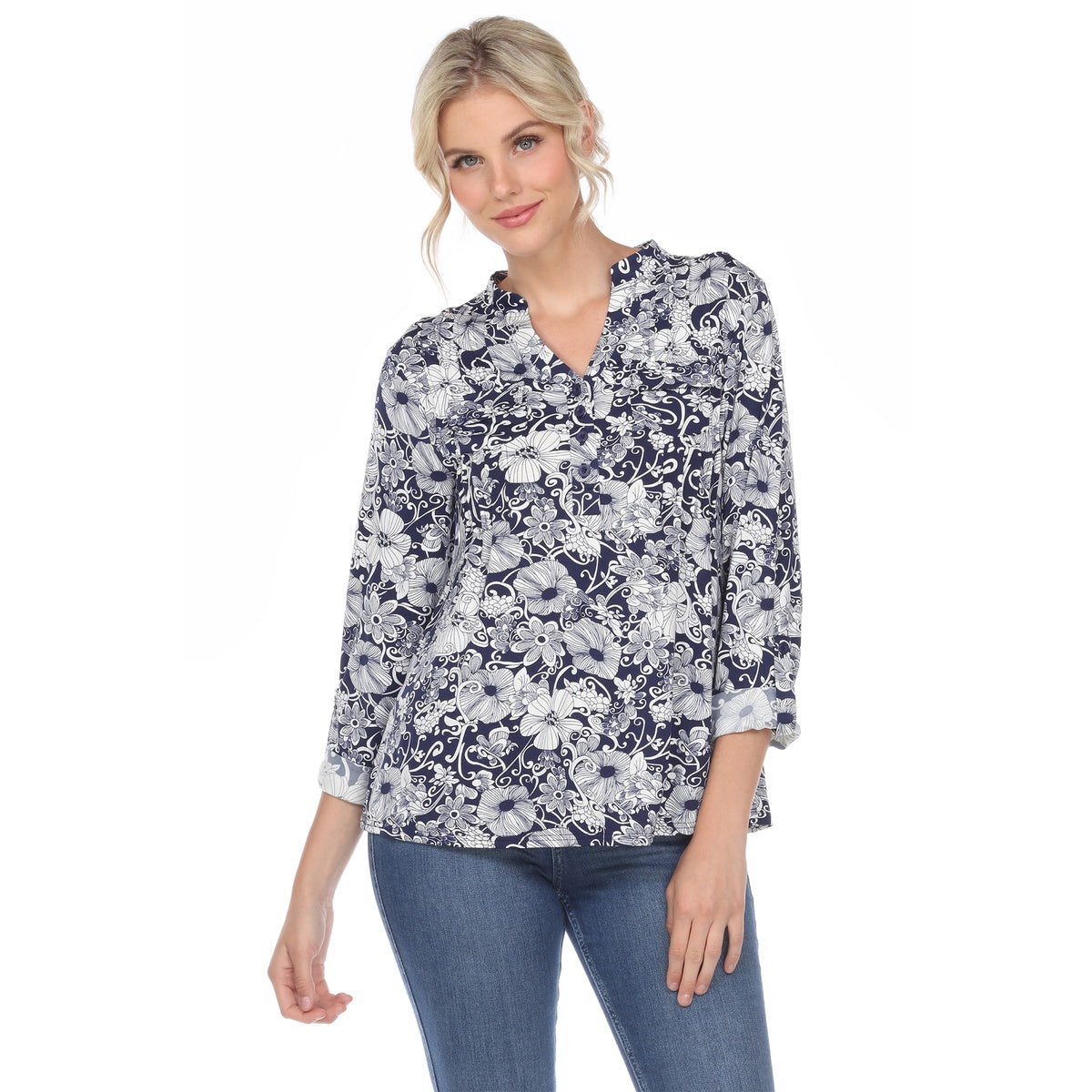  White Mark Women's Pleated Long Sleeve Floral Print Blouse - S - Bonton