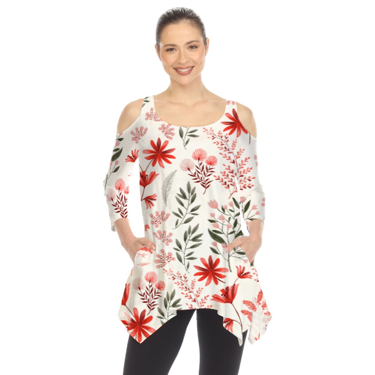  White Mark Women's Floral Printed Cold Shoulder Tunic - S - Bonton