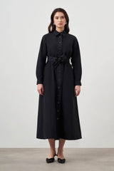 Mizalle-Button Up Belted Black Dress