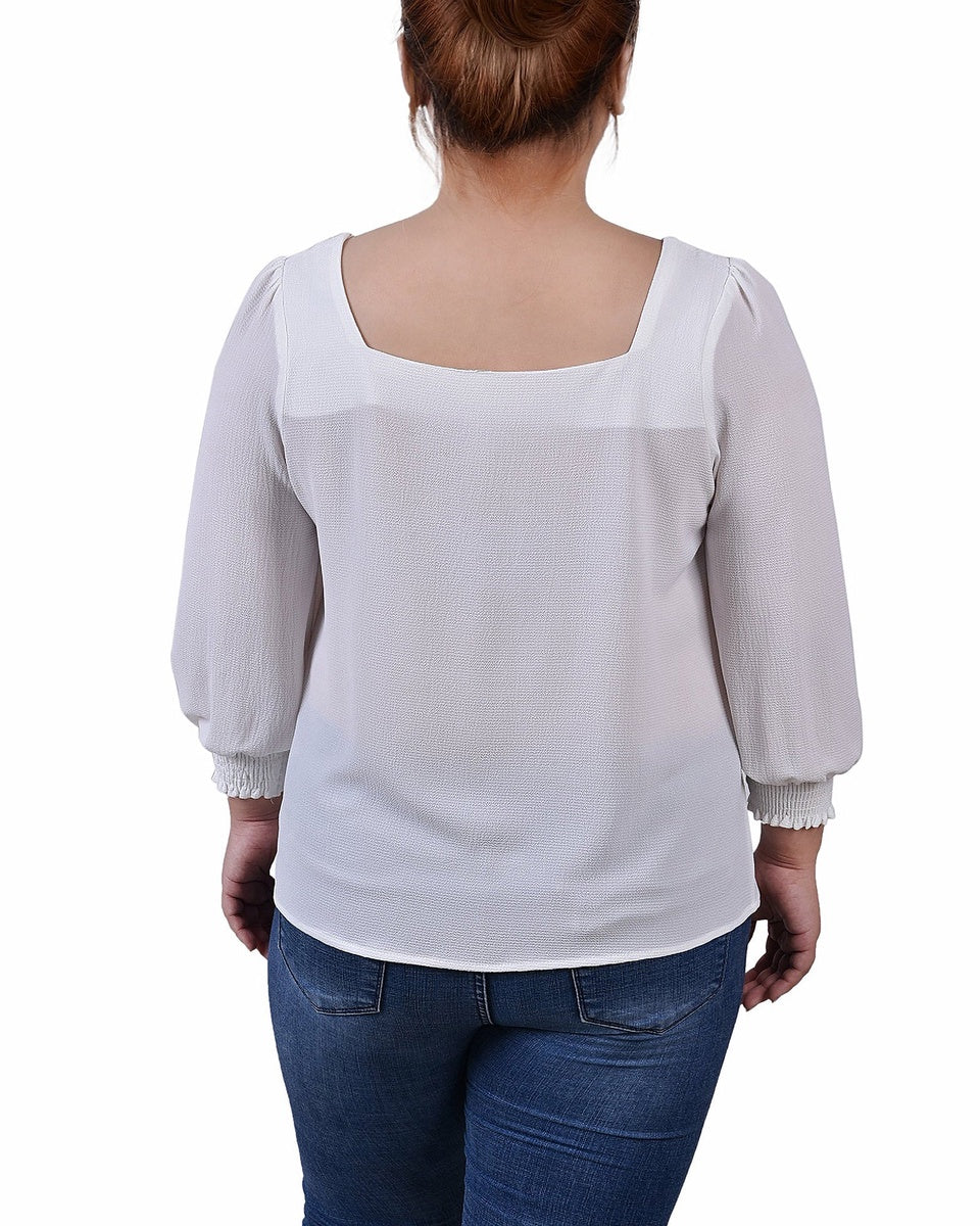  NY Collection Plus Size 3/4 Sleeve Square Neck Blouse - Ivory - Bonton