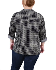 Plus Size 3/4 Sleeve Roll Tab Notch Collar Blouse