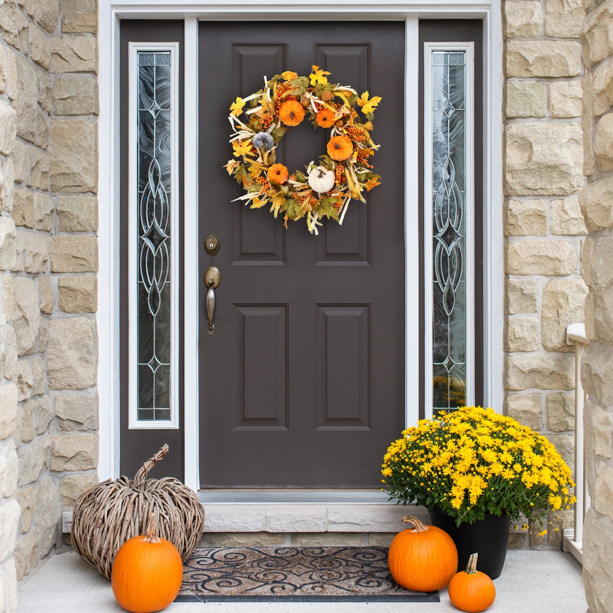  Northlight Velvet Pumpkins and Wheat Artificial Fall Harvest Wreath - 24-Inch  Unlit - Default Title - Bonton