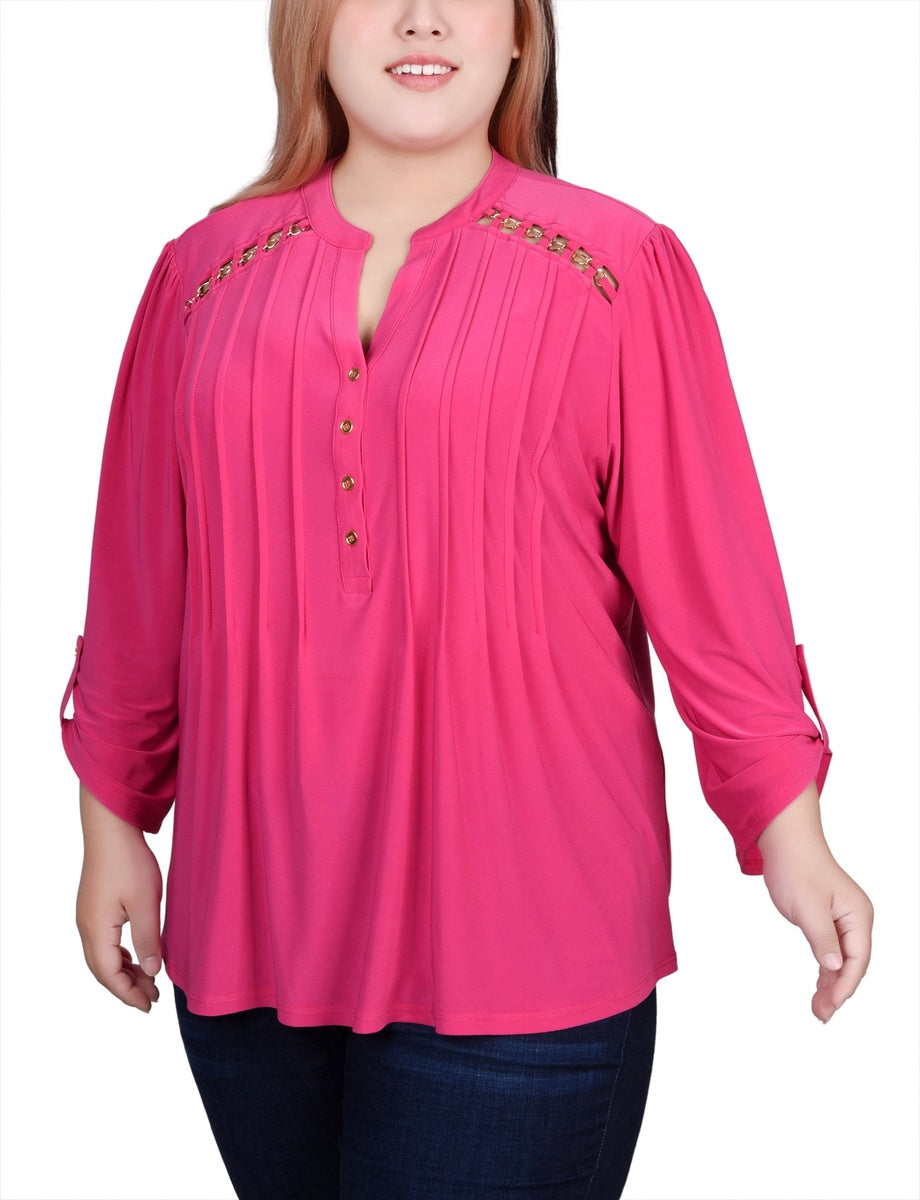  NY Collection Plus Size Long Sleeve Pintuck Front Top With Chain Details - Animal Lilas Dot - Bonton