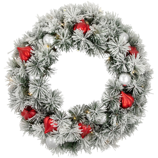 Pre-Lit Battery Operated Snowy Bristle Pine Christmas Wreath - 24" - Warm White LED Lights