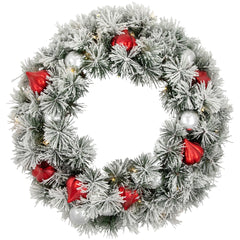 Pre-Lit Battery Operated Snowy Bristle Pine Christmas Wreath - 24" - Warm White LED Lights