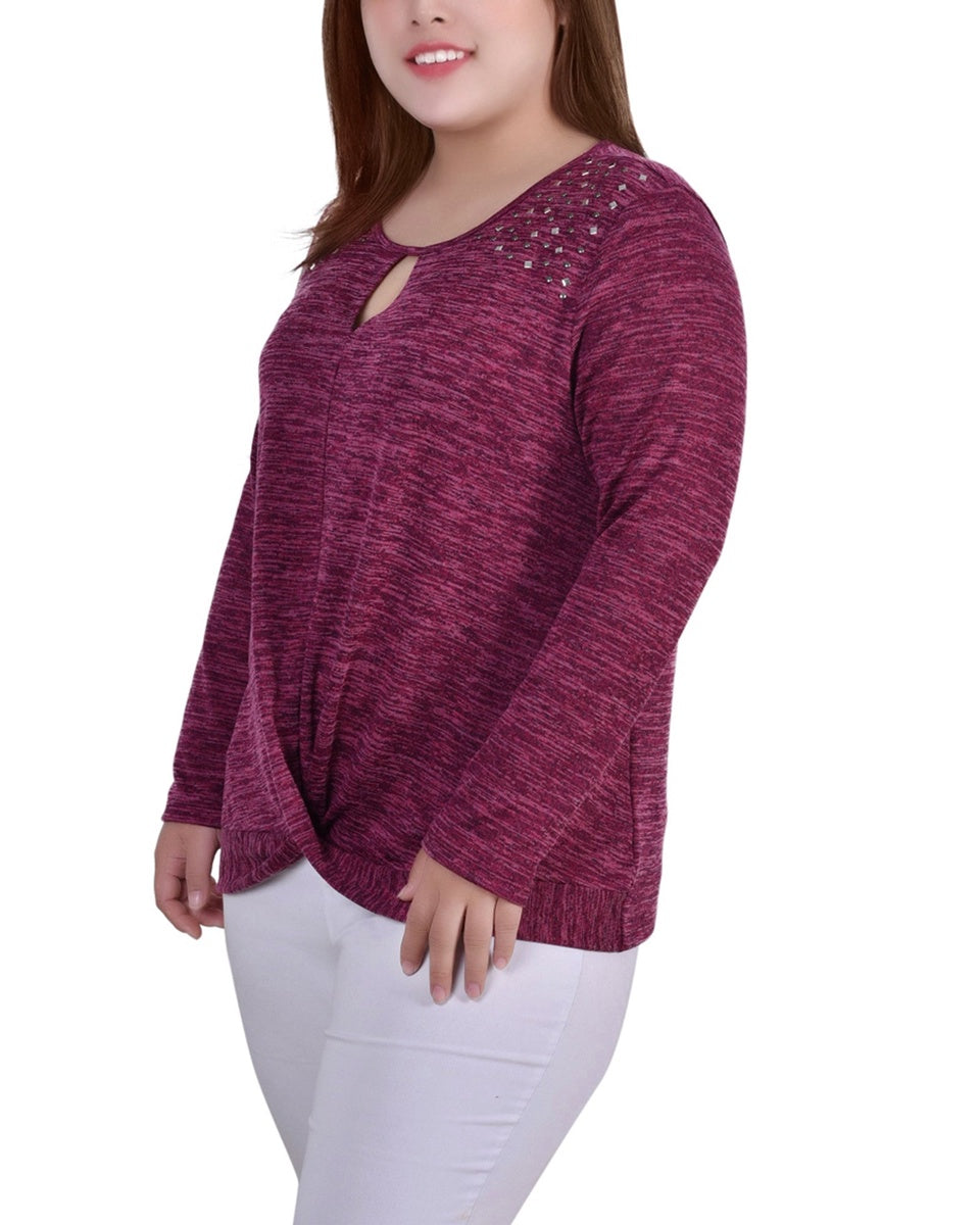  NY Collection Plus Size Long Sleeve Knit Keyhole Top With Studs - Navy - Bonton