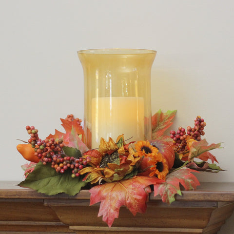 16" Orange and Red Sunflower With Pumpkin Fall Pillar Candle Holder
