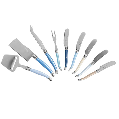 Essential 9-Piece Laguiole Cheese Knife and Spreader Set With Shades of Blue Handles