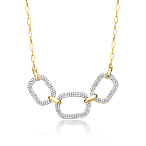 14k Gold Plated With Cubic Zirconia Pave Geometric Oval Chain Necklace