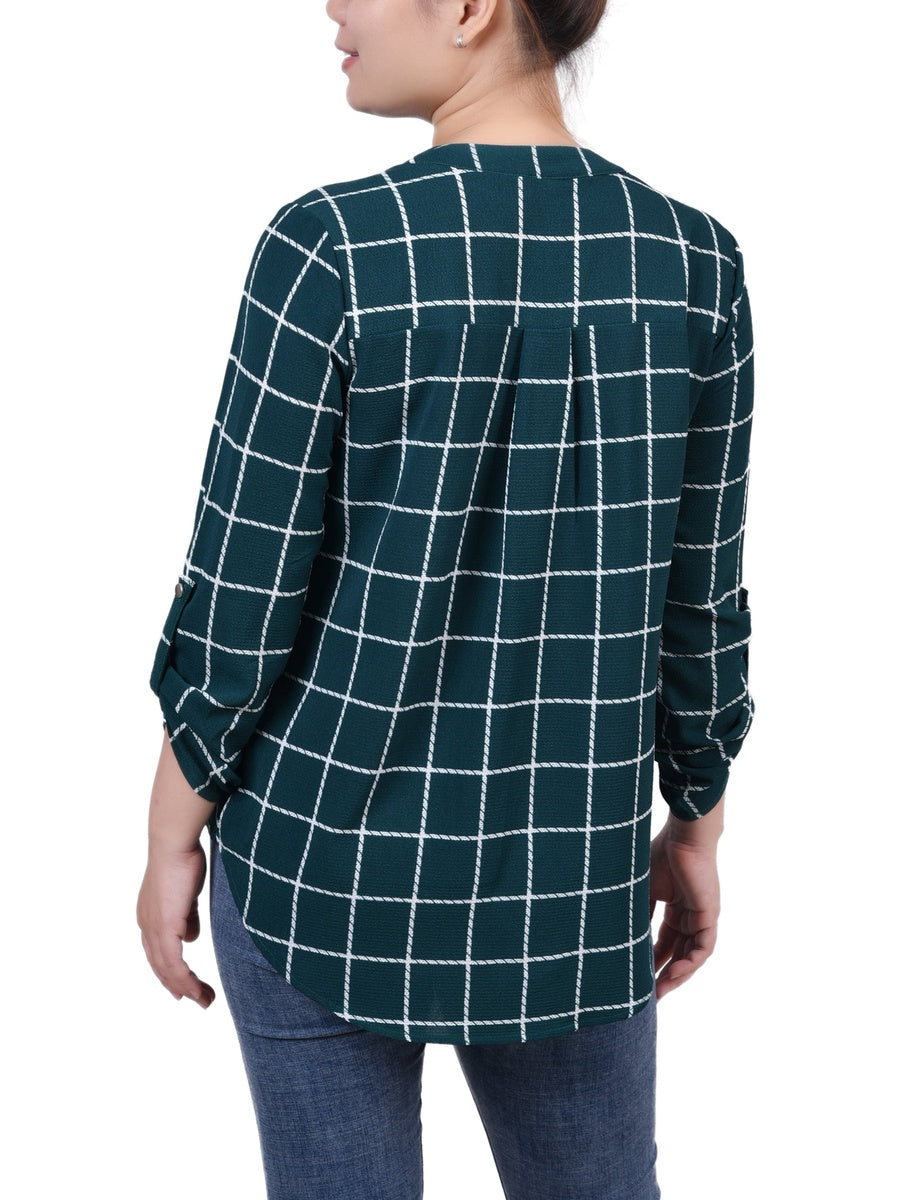  NY Collection Petite 3/4 Sleeve Mandarin Collar Blouse With Front Pleats - Black Mauve Stripe - Bonton